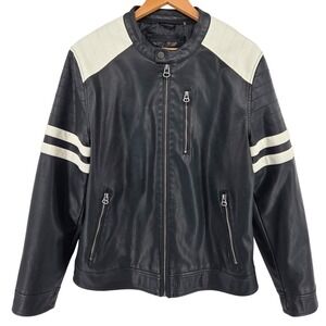 Wilsons Leather Cycle Mens Black Faux Leather Motorcycle Jacket White Stripe L